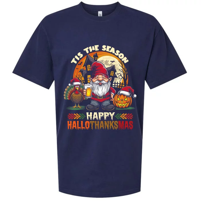 Happy Hallothanksmas Halloween Thanksgiving Merry Christmas Sueded Cloud Jersey T-Shirt