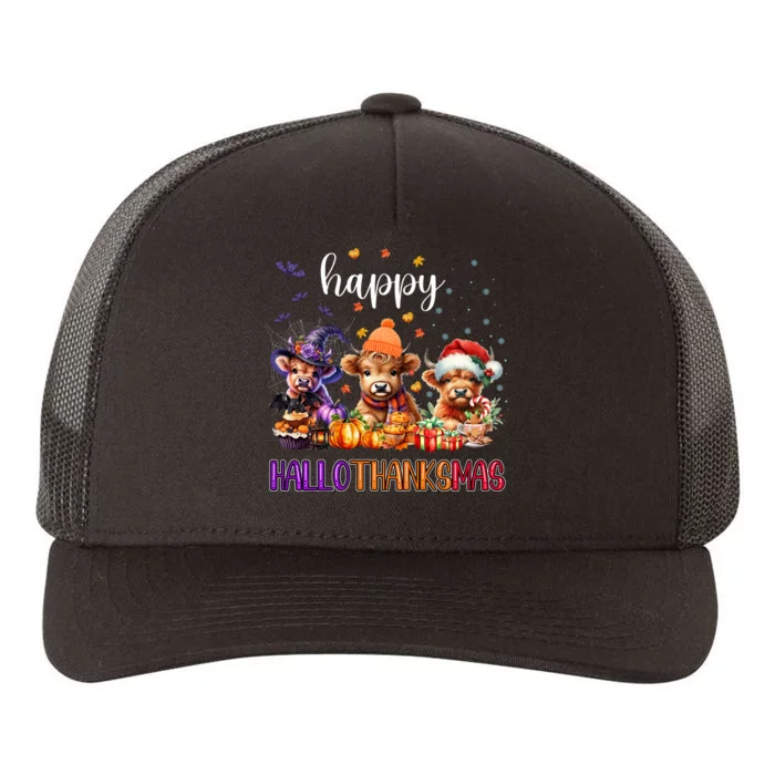 Happy Hallothanksmas Highland Cow Halloween Merry Christmas Long Sleeve Yupoong Adult 5-Panel Trucker Hat