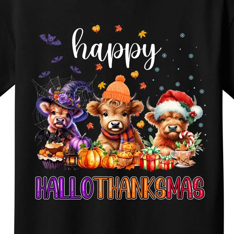 Happy Hallothanksmas Highland Cow Halloween Merry Christmas Long Sleeve Kids T-Shirt