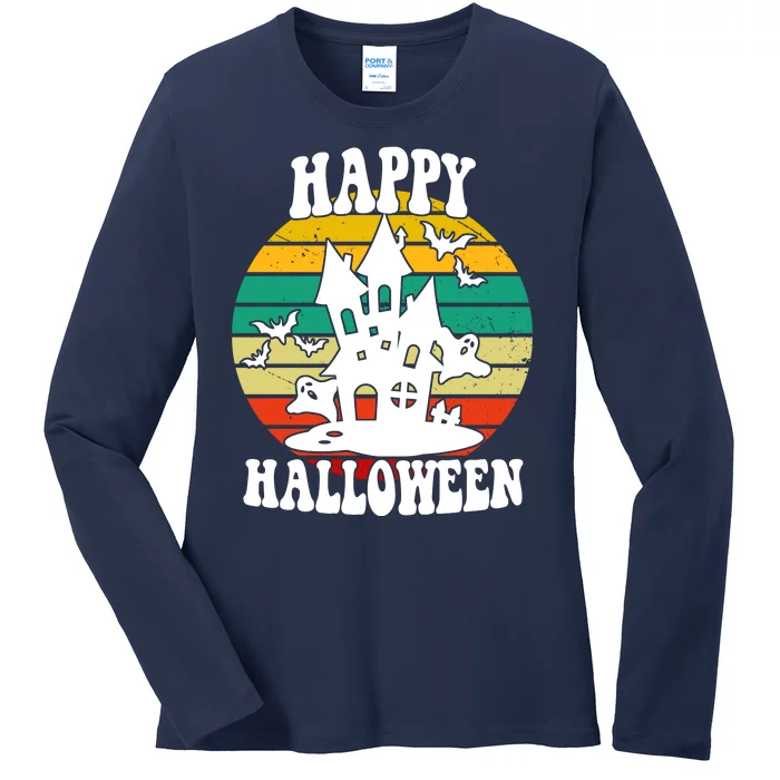 Happy Halloween Hunted House Vintage Ladies Long Sleeve Shirt