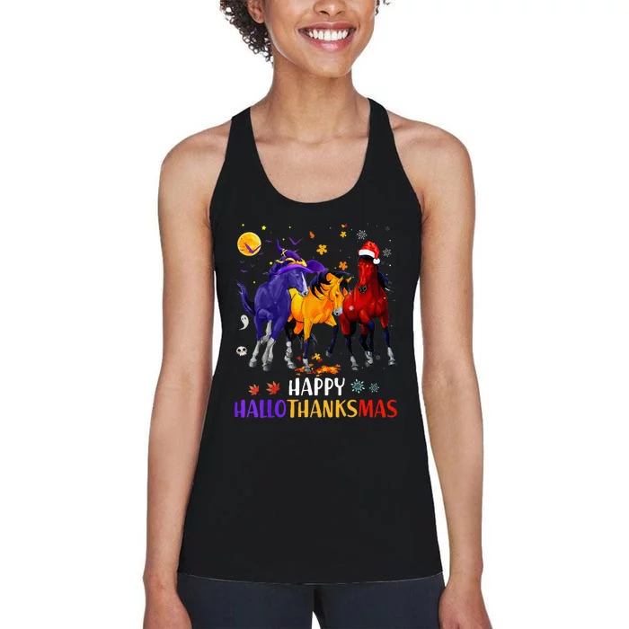 Happy Hallothanksmas Horse Halloween Thanksgiving Christmas Women's Racerback Tank