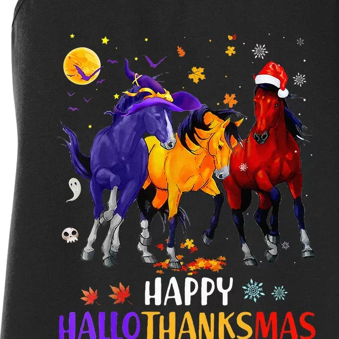 Happy Hallothanksmas Horse Halloween Thanksgiving Christmas Women's Racerback Tank