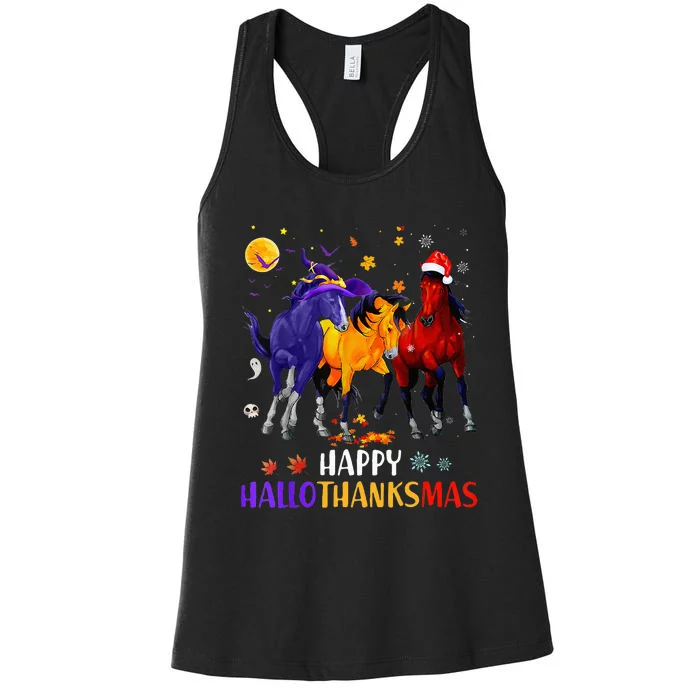 Happy Hallothanksmas Horse Halloween Thanksgiving Christmas Women's Racerback Tank