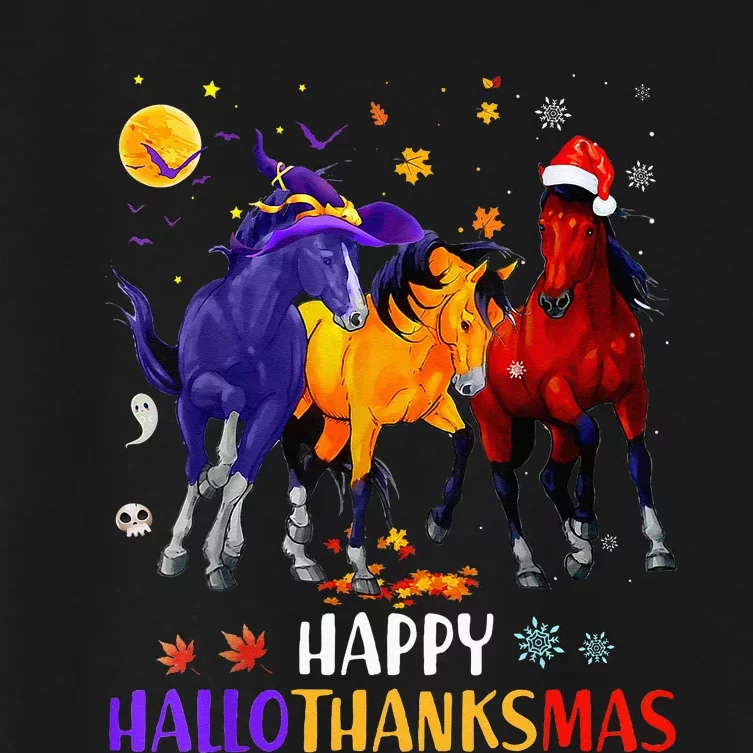 Happy Hallothanksmas Horse Halloween Thanksgiving Christmas Women's Crop Top Tee