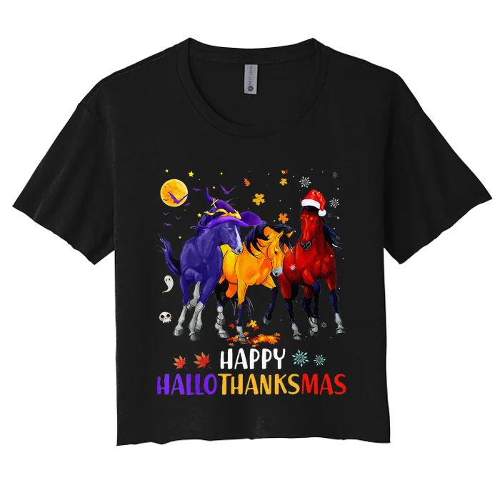 Happy Hallothanksmas Horse Halloween Thanksgiving Christmas Women's Crop Top Tee