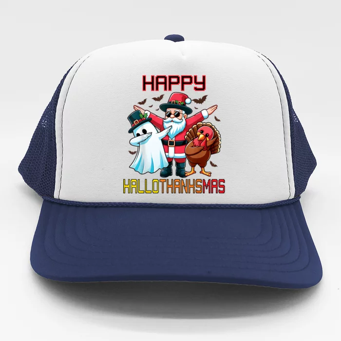 Happy Hallothanksmas Halloween Thanksgiving Christmas 2024 Trucker Hat