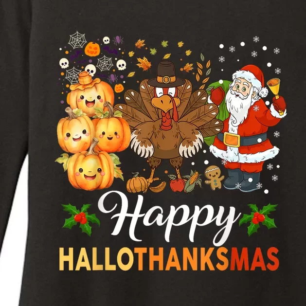 Happy Hallothanksmas Halloween Thanksgiving Christmas Funny Womens CVC Long Sleeve Shirt