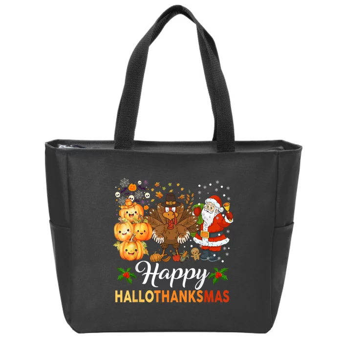 Happy Hallothanksmas Halloween Thanksgiving Christmas Funny Zip Tote Bag