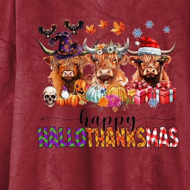 Happy Hallothanksmas Highland Cow Print Halloween Christmas Hooded Wearable Blanket