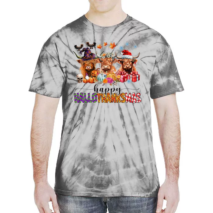 Happy Hallothanksmas Highland Cow Print Halloween Christmas Tie-Dye T-Shirt