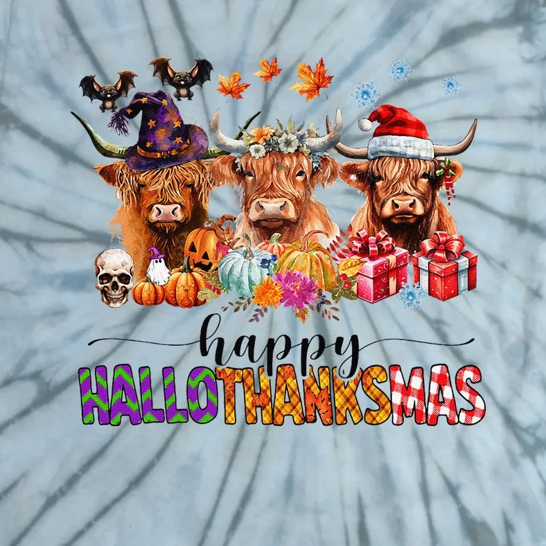 Happy Hallothanksmas Highland Cow Print Halloween Christmas Tie-Dye T-Shirt