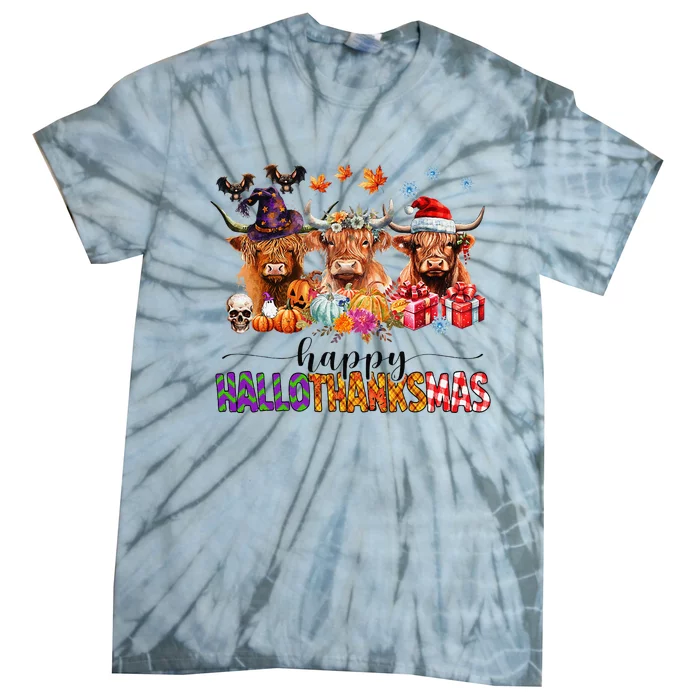 Happy Hallothanksmas Highland Cow Print Halloween Christmas Tie-Dye T-Shirt