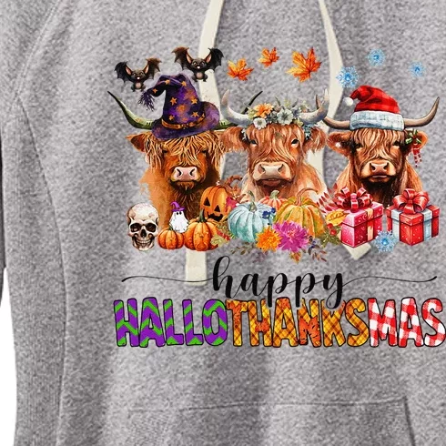 Happy Hallothanksmas Highland Cow Print Halloween Christmas Women's Fleece Hoodie