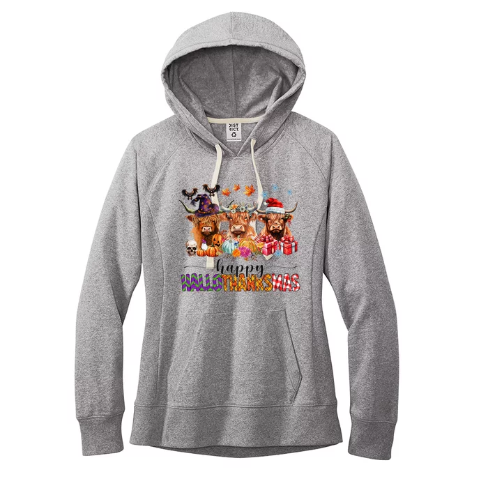 Happy Hallothanksmas Highland Cow Print Halloween Christmas Women's Fleece Hoodie