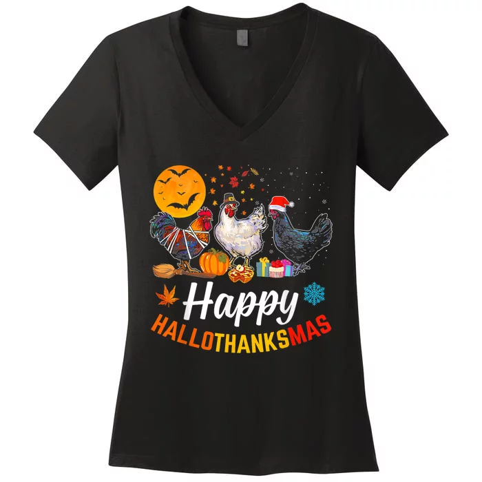 Happy HalloThanksMas Halloween Thanksgiving Xmas Chicken Women's V-Neck T-Shirt