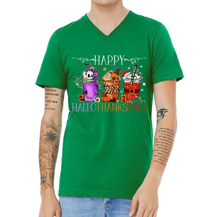 Happy Hallothanksmas Halloween Thanksgiving Christmas V-Neck T-Shirt