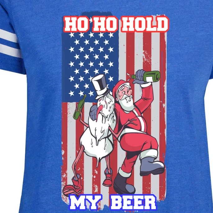 Ho Ho Hold Beer Santa Snow Usa Flag Xmas Party Christmas Gift Enza Ladies Jersey Football T-Shirt