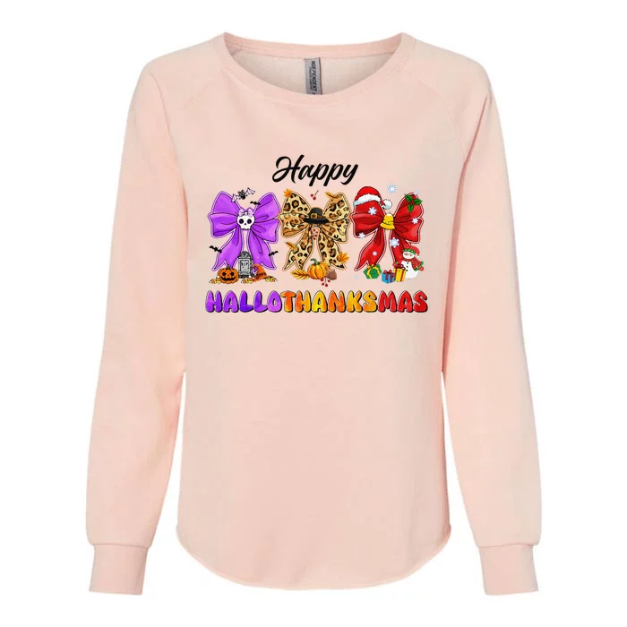 Happy Hallothanksmas Halloween Thanksgiving Christmas Bow Womens California Wash Sweatshirt