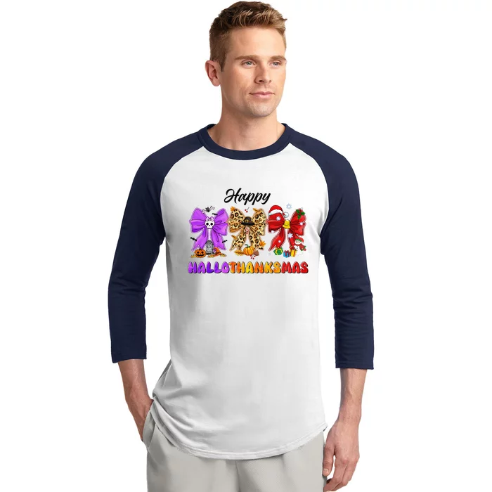 Happy Hallothanksmas Halloween Thanksgiving Christmas Bow Baseball Sleeve Shirt