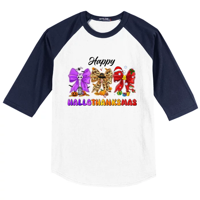 Happy Hallothanksmas Halloween Thanksgiving Christmas Bow Baseball Sleeve Shirt