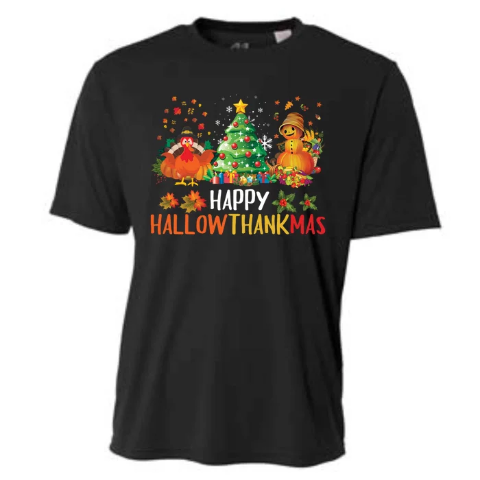 Happy Hallothanksmas Halloween Thanksgiving Merry Christmas Gift Cooling Performance Crew T-Shirt