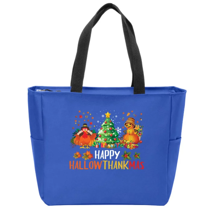 Happy Hallothanksmas Halloween Thanksgiving Merry Christmas Gift Zip Tote Bag