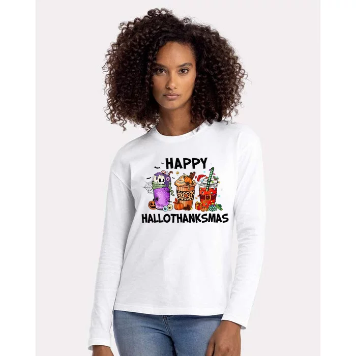 Happy Hallothanksmas Halloween Pumkin Thanksgiving Christmas Womens Cotton Relaxed Long Sleeve T-Shirt