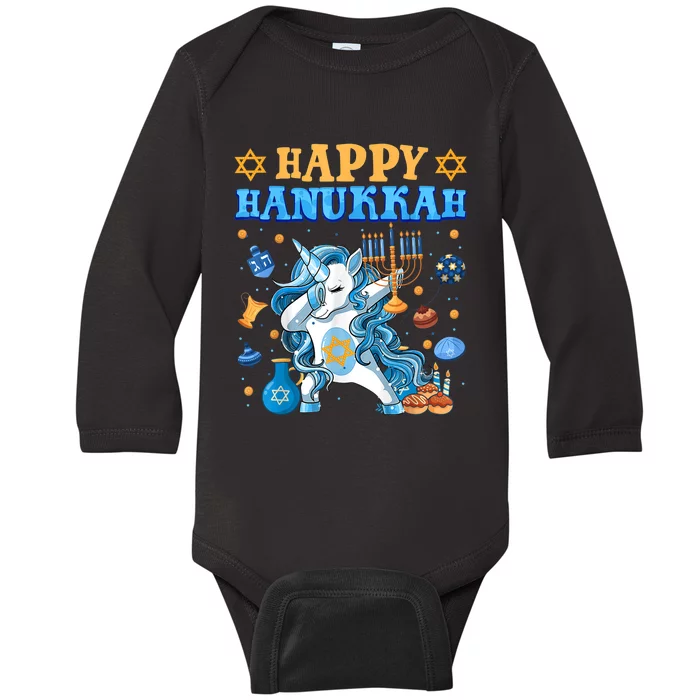 Happy Happy Hanukkah Unicorn Jewnicorn Chanukah Jewish Xmas Gifts Baby Long Sleeve Bodysuit