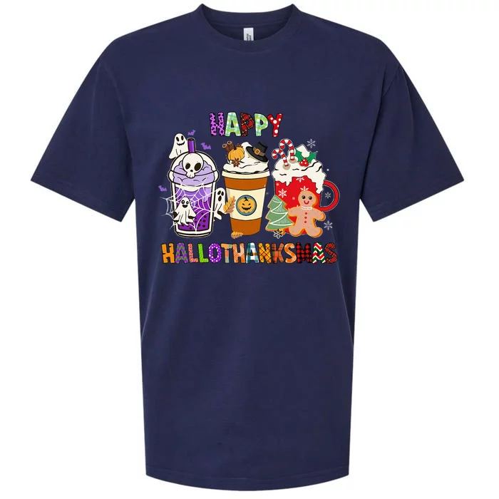 Happy Hallothanksmas Halloween Thanksgiving Christmas Coffee Sueded Cloud Jersey T-Shirt