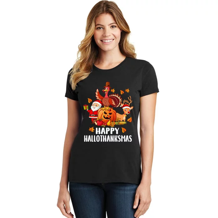 Happy Hallothanksmas Halloween Thanksgiving Christmas Day Women's T-Shirt