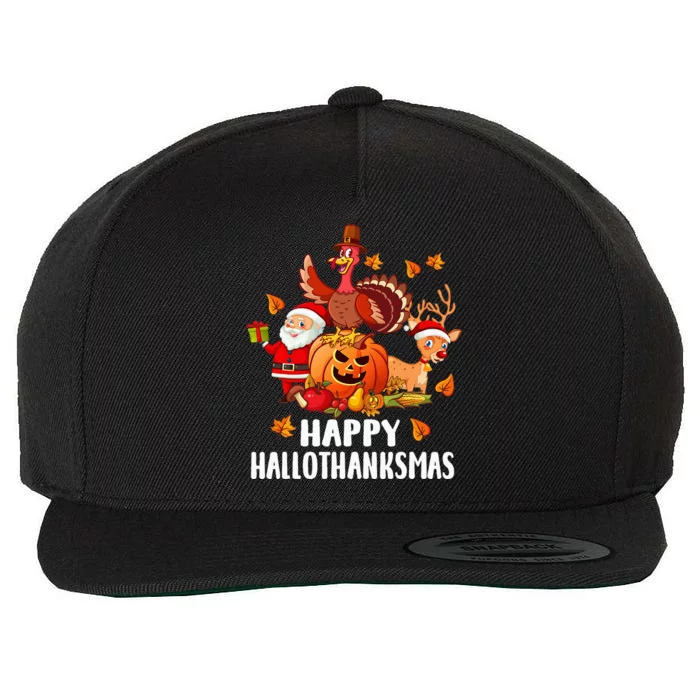 Happy Hallothanksmas Halloween Thanksgiving Christmas Day Wool Snapback Cap