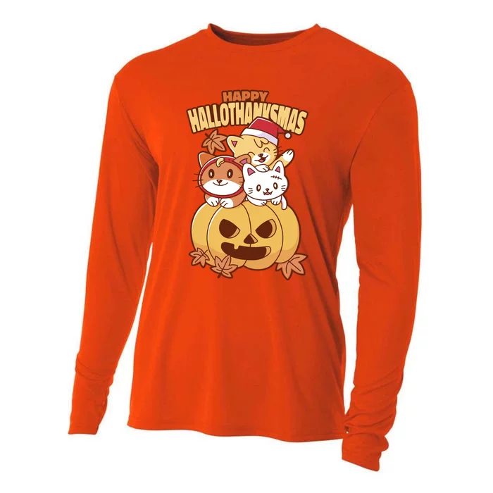 Happy Hallothanksmas Holiday Cats Cooling Performance Long Sleeve Crew