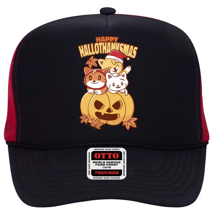 Happy Hallothanksmas Holiday Cats High Crown Mesh Trucker Hat