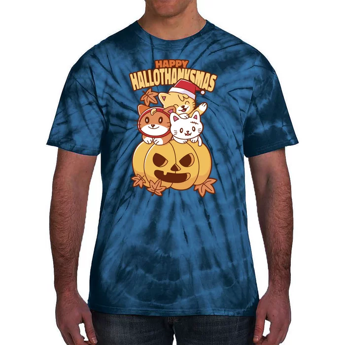 Happy Hallothanksmas Holiday Cats Tie-Dye T-Shirt