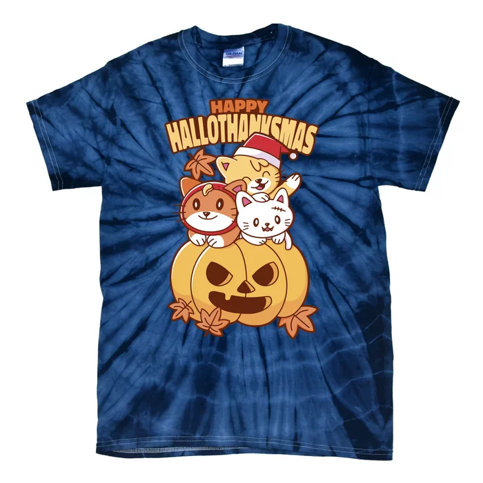 Happy Hallothanksmas Holiday Cats Tie-Dye T-Shirt