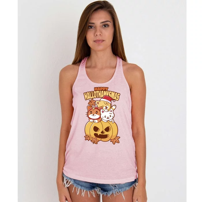 Happy Hallothanksmas Holiday Cats Women's Knotted Racerback Tank