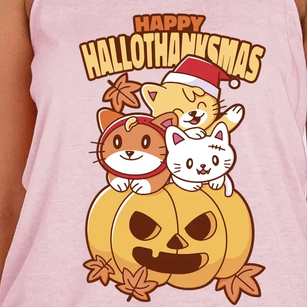 Happy Hallothanksmas Holiday Cats Women's Knotted Racerback Tank