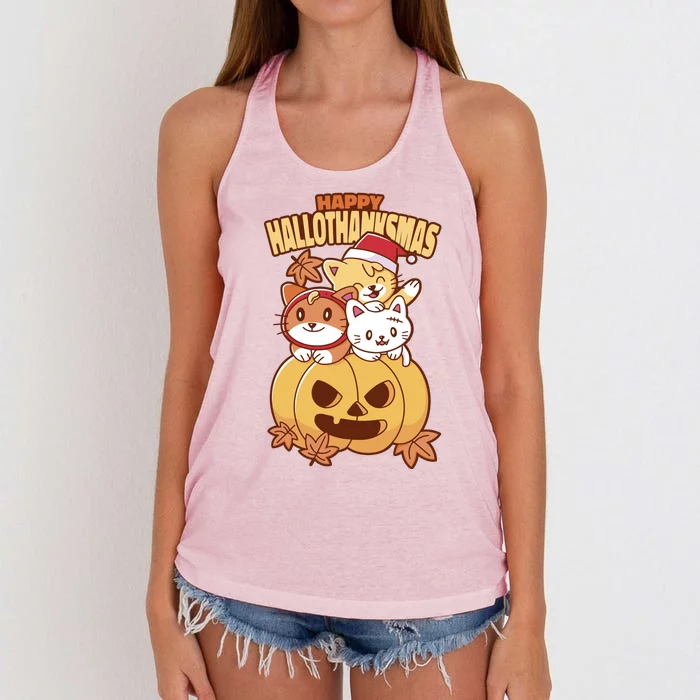 Happy Hallothanksmas Holiday Cats Women's Knotted Racerback Tank