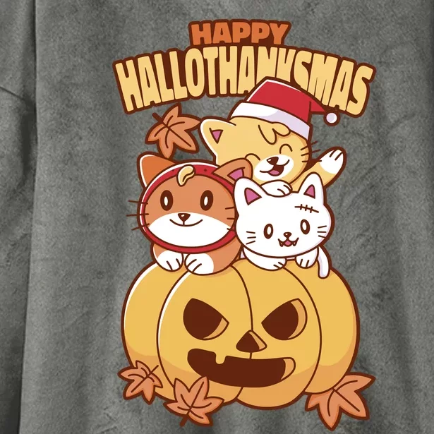 Happy Hallothanksmas Holiday Cats Hooded Wearable Blanket