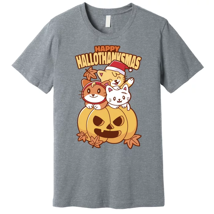 Happy Hallothanksmas Holiday Cats Premium T-Shirt