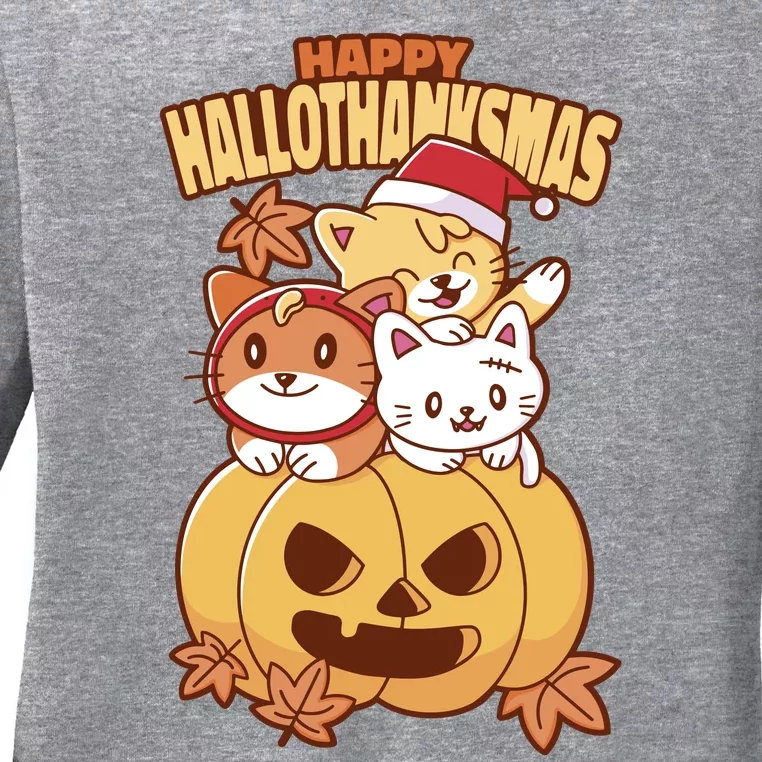 Happy Hallothanksmas Holiday Cats Ladies Long Sleeve Shirt