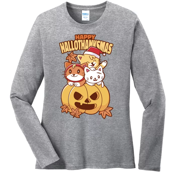 Happy Hallothanksmas Holiday Cats Ladies Long Sleeve Shirt