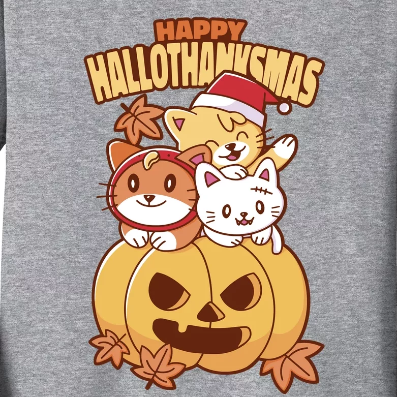 Happy Hallothanksmas Holiday Cats Kids Long Sleeve Shirt