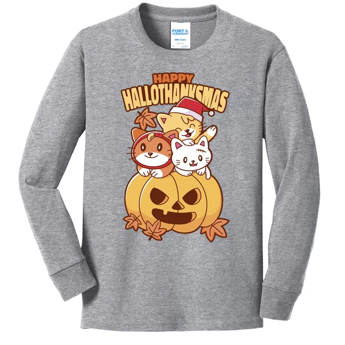 Happy Hallothanksmas Holiday Cats Kids Long Sleeve Shirt