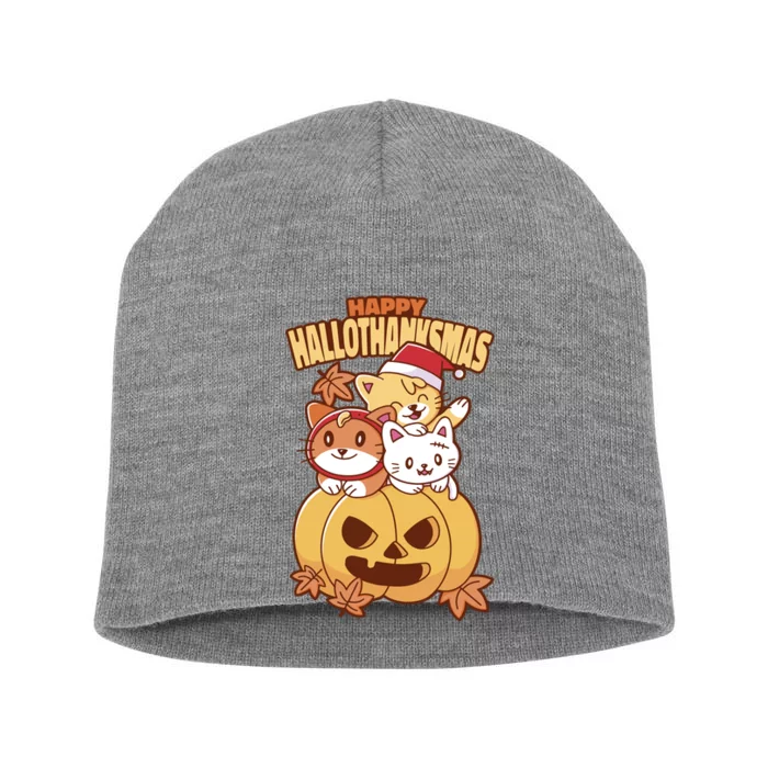 Happy Hallothanksmas Holiday Cats Short Acrylic Beanie