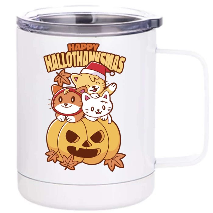 Happy Hallothanksmas Holiday Cats Front & Back 12oz Stainless Steel Tumbler Cup