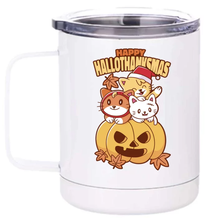 Happy Hallothanksmas Holiday Cats Front & Back 12oz Stainless Steel Tumbler Cup