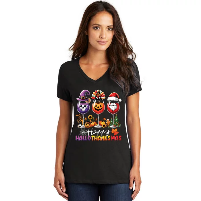 Happy Hallothanksmas Halloween Thanksgiving Christmas Women's V-Neck T-Shirt