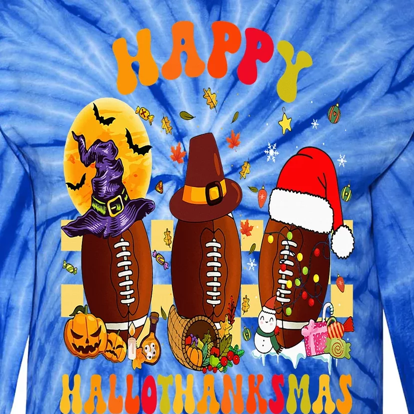 Happy HalloThanksmas Halloween Fall Thanksgiving Football Tie-Dye Long Sleeve Shirt