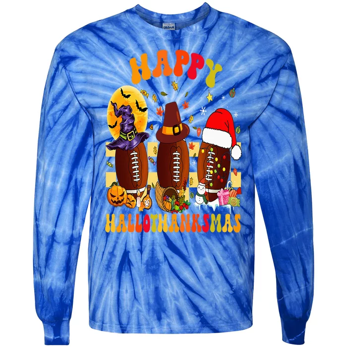 Happy HalloThanksmas Halloween Fall Thanksgiving Football Tie-Dye Long Sleeve Shirt